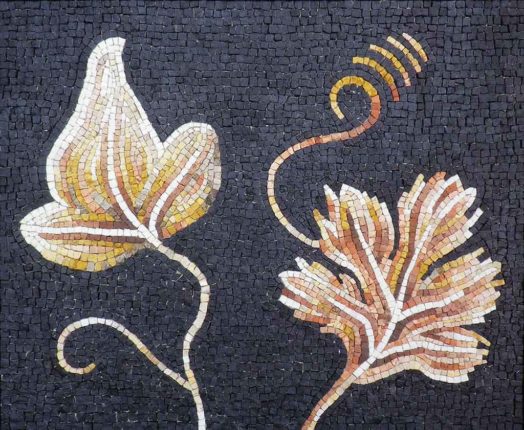 Mosaïque en opus vermiculatum romain représentant des feuilles sur un fond noir