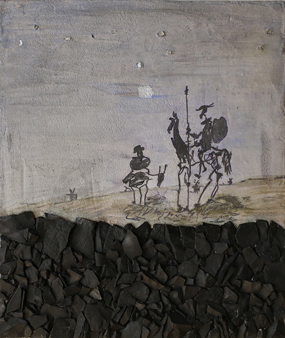 Oeuvre en mosaïque mortier et peinture réalisée à partir du Don Quichotte de Pablo Picasso